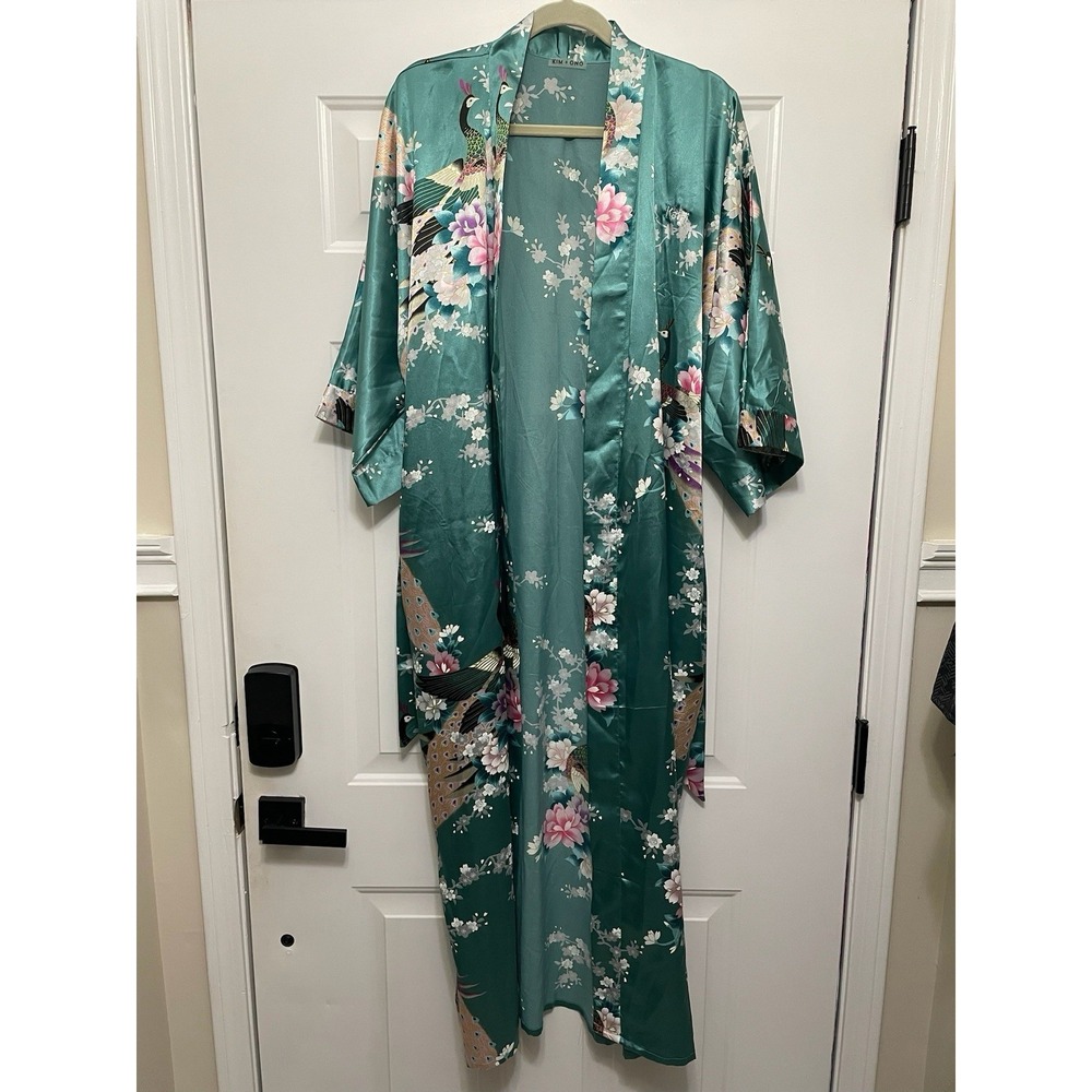 Women's Kim+ono Robe Satin Peacock Blossoms Kimono Monogrammed "Kathi" Sleepwear